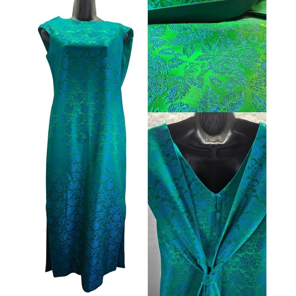 Vintage Malia Hawaii Floral Satin Jacquard Dress Gown Turquoise Womens Medium‎
